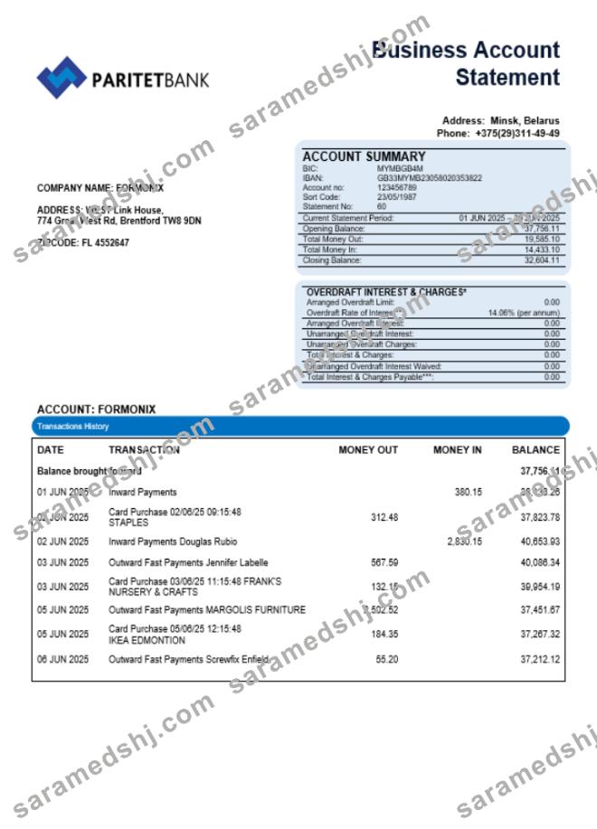 Paritet bank company account statement Word and PDF format